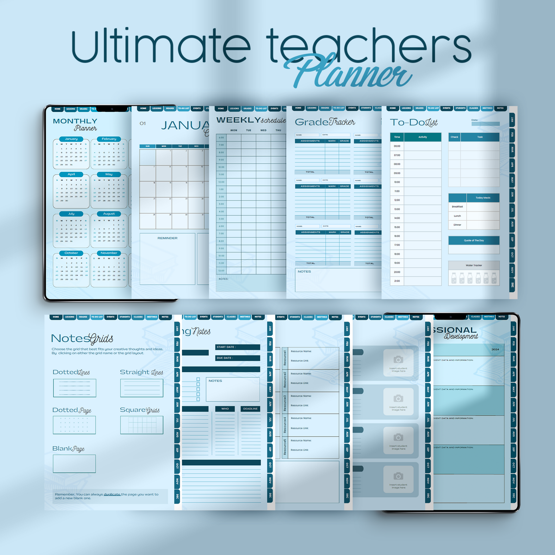 Grade tracking and student management sections in the Digital Teacher Planner.