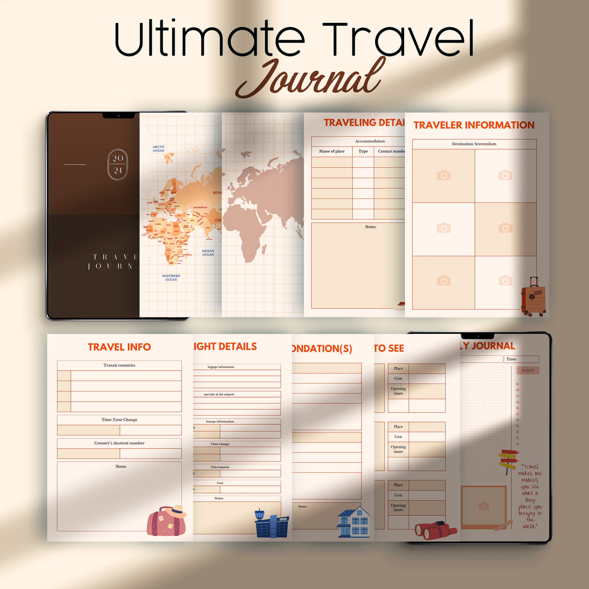 Travel journal section in the Travel Digital Planner for capturing experiences and memories