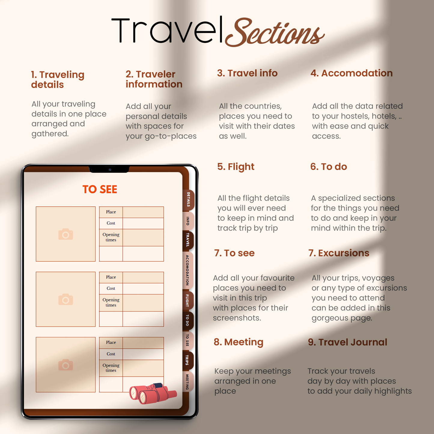 Travel itinerary and activities page in the Travel Digital Planner for detailed trip scheduling.